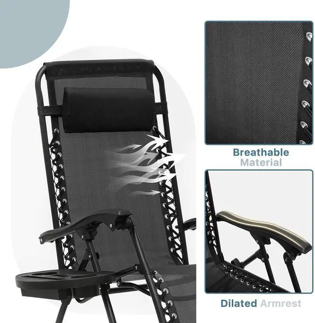 Alt view image 5 of 7 - Outdoor Folding Camping Lounge Zero Gravity Recliner Chairs Set of 2 with Side Table (Black)