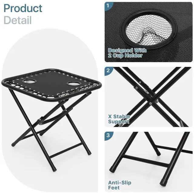 Alt view image 7 of 7 - Outdoor Folding Camping Lounge Zero Gravity Recliner Chairs Set of 2 with Side Table (Black)
