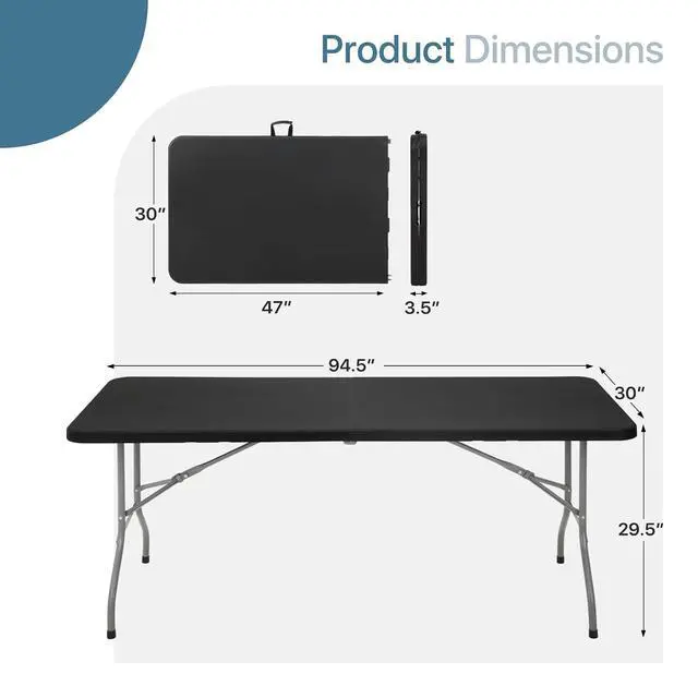 Alt view image 3 of 7 - Plastic Folding Camping Table, Indoor Outdoor Collapsible Rectangle Dining Table, Portable Fold-in-Half Utility Table w/Handle for Party Wedding, Black, 94 Inch