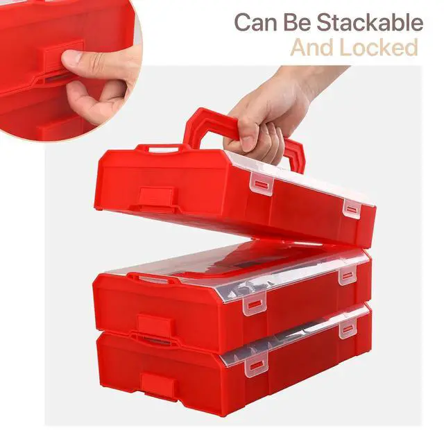 Alt view image 5 of 7 - Portable Tackle Boxes with Handle, Plastic Grid Storage Box with Adjustable Dividers Waterproof Small Parts Organizer Box for Fishing Tackles, Art Craft, Bead (9-Grid, Set of 3, Red)