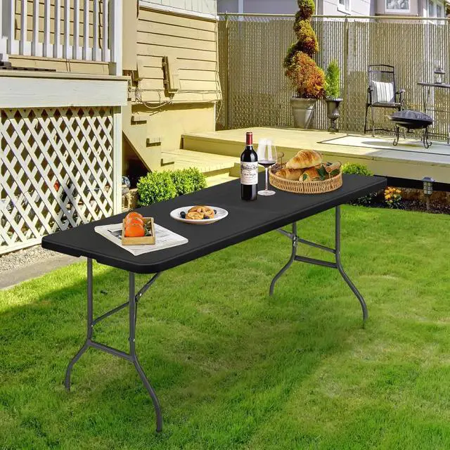 Alt view image 2 of 7 - Plastic Folding Camping Table, Indoor Outdoor Collapsible Rectangle Dining Table, Portable Fold-in-Half Utility Table w/Handle for Party Wedding, Black, 94 Inch