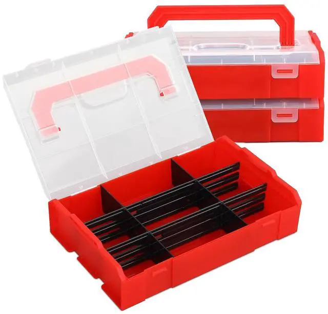 Main image of Portable Tackle Boxes with Handle, Plastic Grid Storage Box with Adjustable Dividers Waterproof Small Parts Organizer Box for Fishing Tackles, Art Craft, Bead (9-Grid, Set of 3, Red)