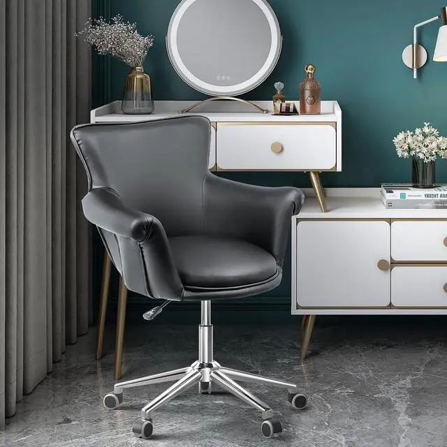 Alt view image 4 of 7 - Home Office Task Chair, Heigh-Adjustable Modern PU Leather Make Up Chair with Metal Base, 360° Swivel Task Chair Armchair for Living Room Bedroom Vanity Study, Black