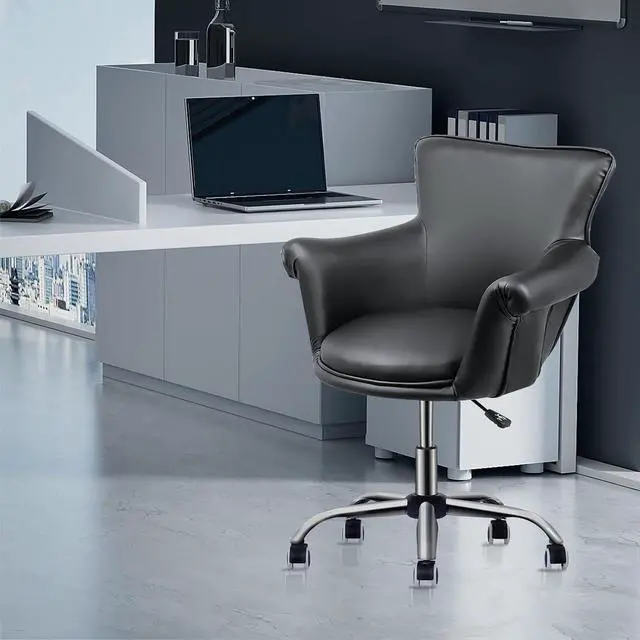 Alt view image 2 of 7 - Home Office Task Chair, Heigh-Adjustable Modern PU Leather Make Up Chair with Metal Base, 360° Swivel Task Chair Armchair for Living Room Bedroom Vanity Study, Black