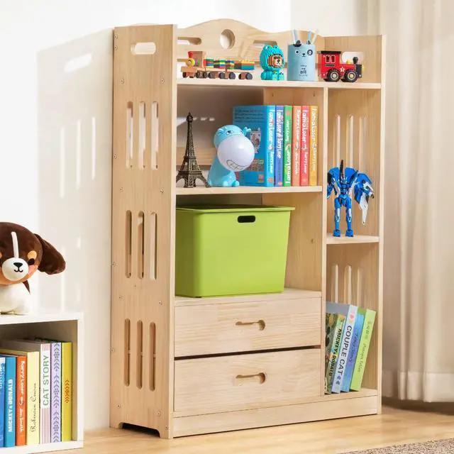Alt view image 7 of 7 - 3 Tier Bookcase with Open Shelves and 2 Drawers, Large Modern Wood Heavy Duty Storage Display Stand Rack for Living Room, Natural