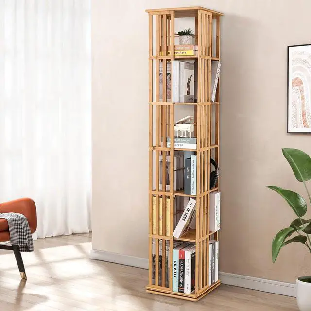 Alt view image 2 of 7 - 360 Degree Rotating Tall Bookshelf, 6 Tier Bookcase Corner Storage Organizer Display Shelf Rack Organizer for Home Office, Natural