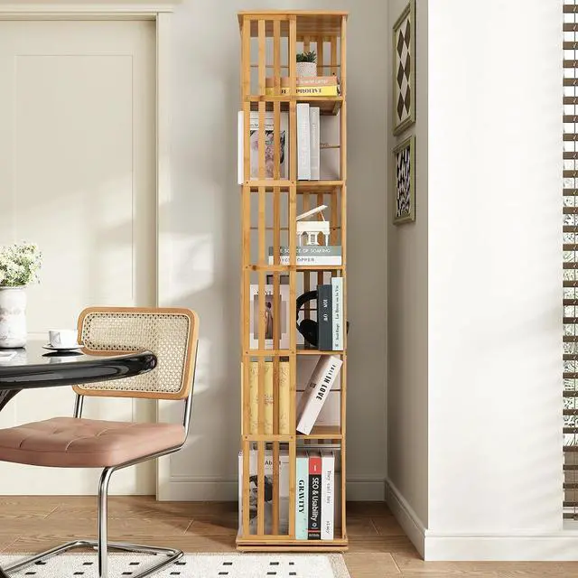 Alt view image 4 of 7 - 360 Degree Rotating Tall Bookshelf, 6 Tier Bookcase Corner Storage Organizer Display Shelf Rack Organizer for Home Office, Natural
