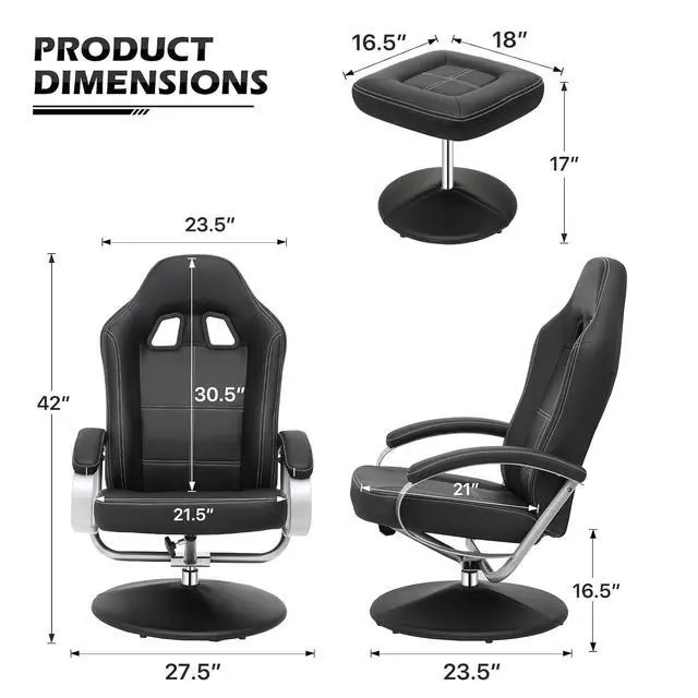 Alt view image 3 of 7 - Gaming Chair with Ottoman, Adjustable Backrest Racing Style PC Computer Office Chair, PU Leather Widened Seat for Gaming and Home Office, Black