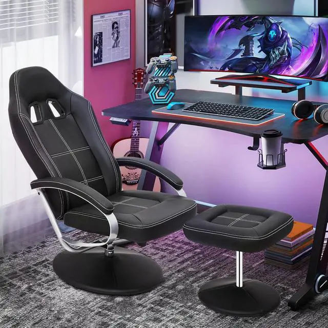 Alt view image 2 of 7 - Gaming Chair with Ottoman, Adjustable Backrest Racing Style PC Computer Office Chair, PU Leather Widened Seat for Gaming and Home Office, Black