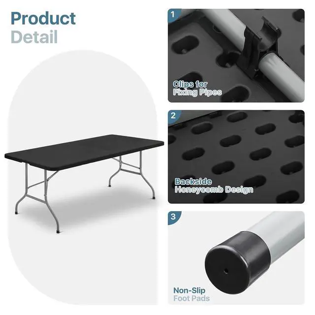 Alt view image 7 of 7 - Plastic Folding Camping Table, Indoor Outdoor Collapsible Rectangle Dining Table, Portable Fold-in-Half Utility Table w/Handle for Party Wedding, Black, 94 Inch