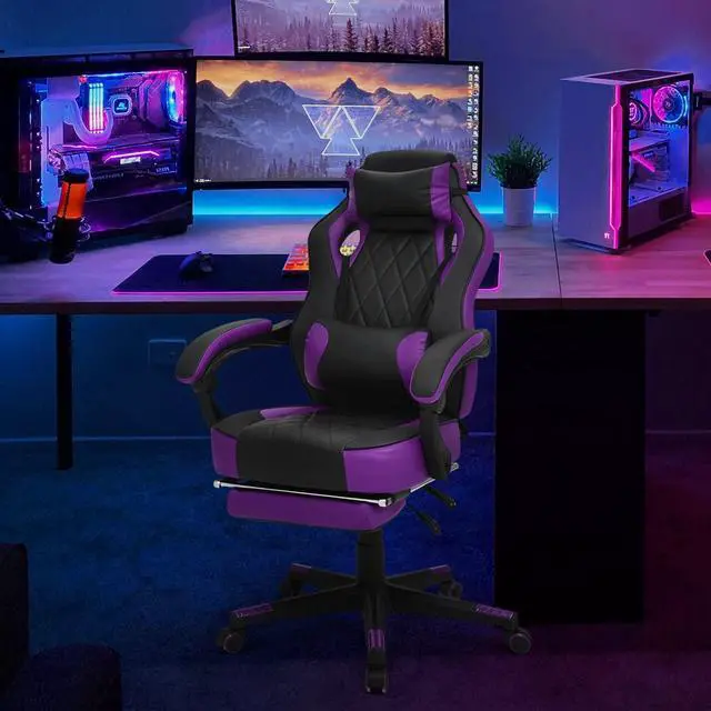 Alt view image 2 of 7 - Reclining Computer Chair with Footrest & Detachable Lumbar Support 360 Degree Swivel Racing Style PU Leather Computer Gaming Chair with Headrest for Home Bedroom Office, Purple
