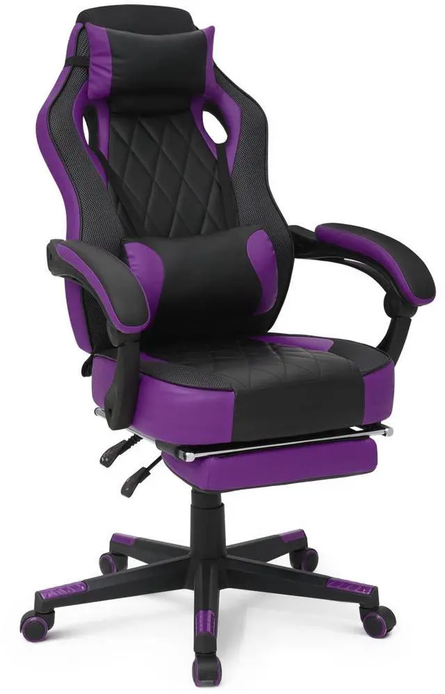 Main image of Reclining Computer Chair with Footrest & Detachable Lumbar Support 360 Degree Swivel Racing Style PU Leather Computer Gaming Chair with Headrest for Home Bedroom Office, Purple
