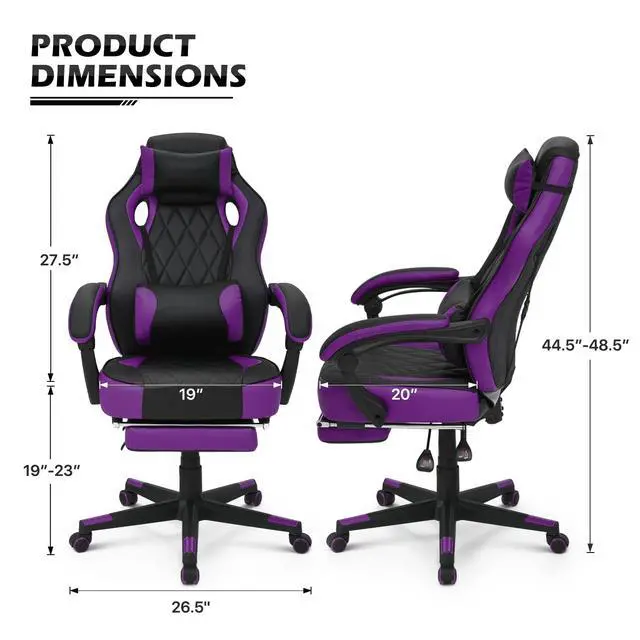 Alt view image 3 of 7 - Reclining Computer Chair with Footrest & Detachable Lumbar Support 360 Degree Swivel Racing Style PU Leather Computer Gaming Chair with Headrest for Home Bedroom Office, Purple