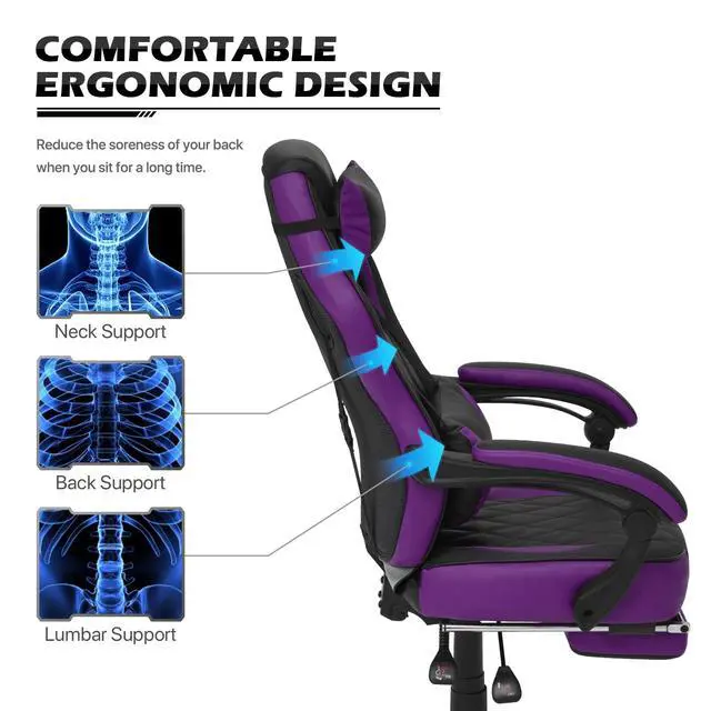 Alt view image 4 of 7 - Reclining Computer Chair with Footrest & Detachable Lumbar Support 360 Degree Swivel Racing Style PU Leather Computer Gaming Chair with Headrest for Home Bedroom Office, Purple