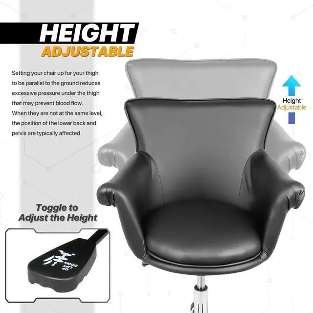 Alt view image 6 of 7 - Home Office Task Chair, Heigh-Adjustable Modern PU Leather Make Up Chair with Metal Base, 360° Swivel Task Chair Armchair for Living Room Bedroom Vanity Study, Black
