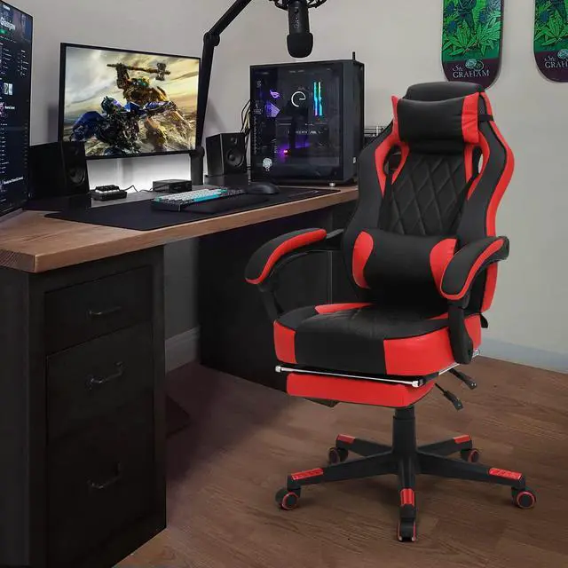Alt view image 2 of 7 - Ergonomic Gaming Chair with Retractable Footrest & Detachable Lumbar Support 360 Degree Swivel Racing Style PU Leather Computer Gaming Chair with Headrest for Home Bedroom Office, Red