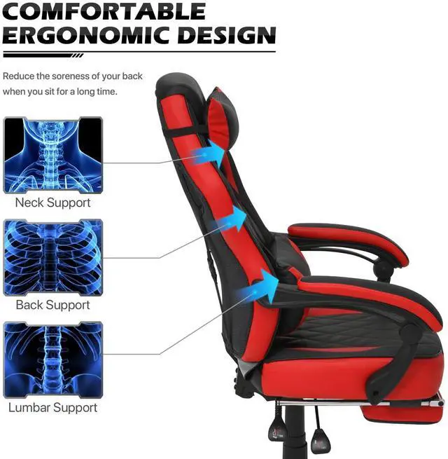 Alt view image 4 of 7 - Ergonomic Gaming Chair with Retractable Footrest & Detachable Lumbar Support 360 Degree Swivel Racing Style PU Leather Computer Gaming Chair with Headrest for Home Bedroom Office, Red