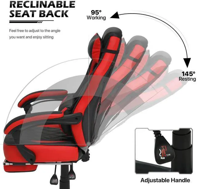 Alt view image 5 of 7 - Ergonomic Gaming Chair with Retractable Footrest & Detachable Lumbar Support 360 Degree Swivel Racing Style PU Leather Computer Gaming Chair with Headrest for Home Bedroom Office, Red