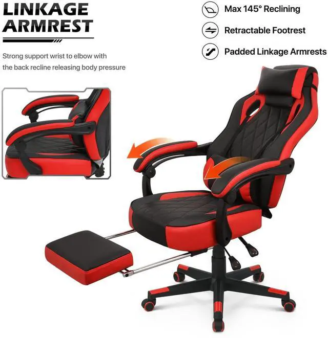 Alt view image 7 of 7 - Ergonomic Gaming Chair with Retractable Footrest & Detachable Lumbar Support 360 Degree Swivel Racing Style PU Leather Computer Gaming Chair with Headrest for Home Bedroom Office, Red