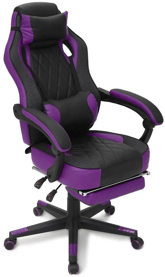 Main image of Gaming Chair with Footrest, Ergonomic High Back and Lumbar Support, Adjustable Height & Recline Swivel PU Leather Game Chair for Office & Gaming, Teens & Adults (Purple)