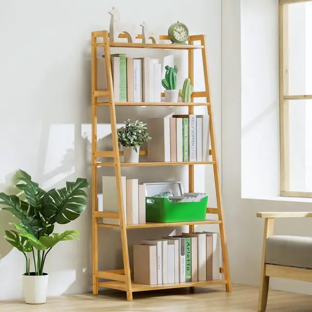 Alt view image 2 of 7 - Ladder Shelf, Bamboo 5 Tier Multi-Functional Book Shelf Storage Rack Organizer, Plants Stand Display Shelf for Living Roon Garden Balcony Bedroom, Natural
