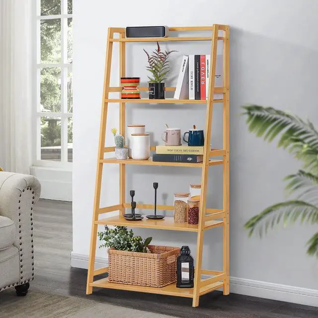 Alt view image 7 of 7 - Ladder Shelf, Bamboo 5 Tier Multi-Functional Book Shelf Storage Rack Organizer, Plants Stand Display Shelf for Living Roon Garden Balcony Bedroom, Natural