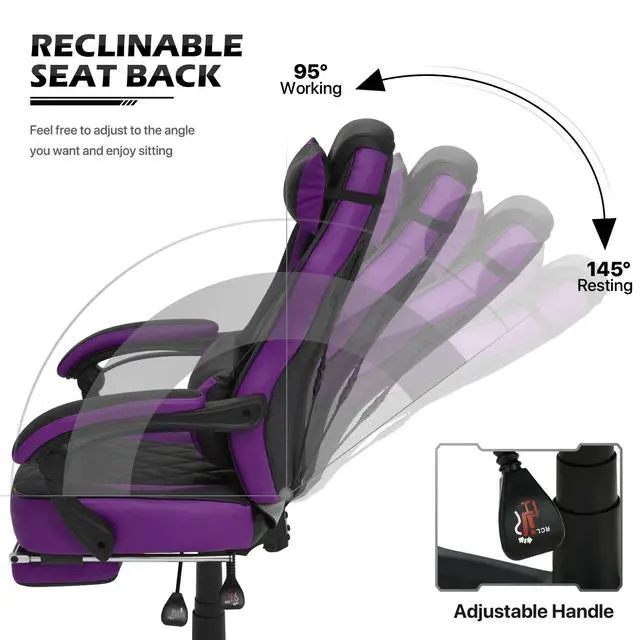 Alt view image 5 of 7 - Reclining Computer Chair with Footrest & Detachable Lumbar Support 360 Degree Swivel Racing Style PU Leather Computer Gaming Chair with Headrest for Home Bedroom Office, Purple