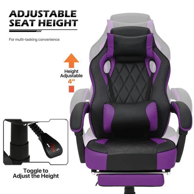 Alt view image 6 of 7 - Reclining Computer Chair with Footrest & Detachable Lumbar Support 360 Degree Swivel Racing Style PU Leather Computer Gaming Chair with Headrest for Home Bedroom Office, Purple