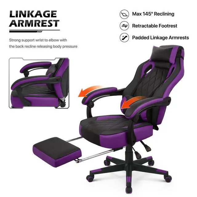 Alt view image 7 of 7 - Reclining Computer Chair with Footrest & Detachable Lumbar Support 360 Degree Swivel Racing Style PU Leather Computer Gaming Chair with Headrest for Home Bedroom Office, Purple