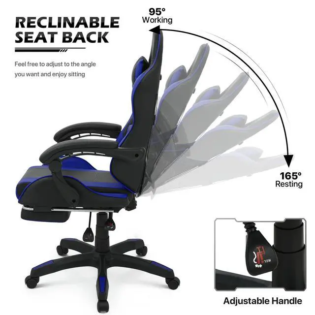 Alt view image 5 of 7 - Gaming Chair with Headrest & Lumbar Support Ergonomic Computer Racing Chair with Footrest, Adjustable Hight Leather Swivel Computer Chair for Adult Teen Office or Gaming, Blue