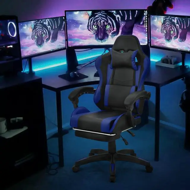 Alt view image 2 of 7 - Gaming Chair with Headrest & Lumbar Support Ergonomic Computer Racing Chair with Footrest, Adjustable Hight Leather Swivel Computer Chair for Adult Teen Office or Gaming, Blue
