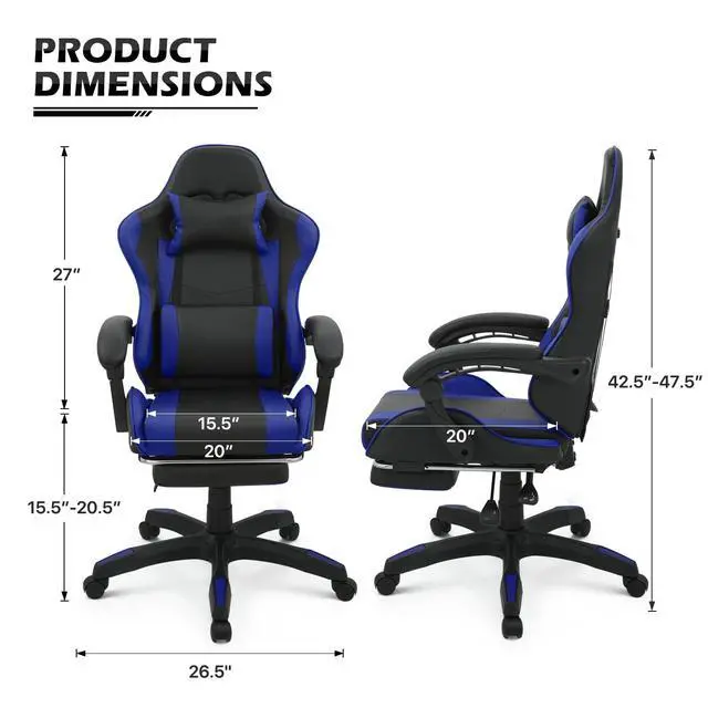 Alt view image 3 of 7 - Gaming Chair with Headrest & Lumbar Support Ergonomic Computer Racing Chair with Footrest, Adjustable Hight Leather Swivel Computer Chair for Adult Teen Office or Gaming, Blue