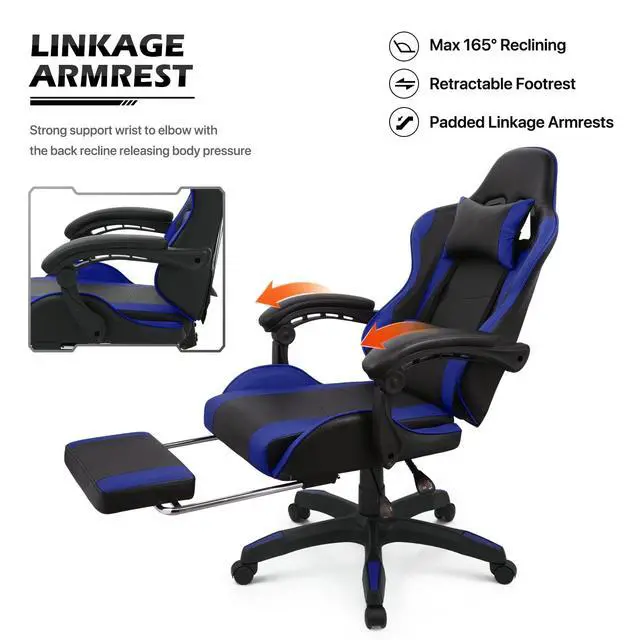 Alt view image 7 of 7 - Gaming Chair with Headrest & Lumbar Support Ergonomic Computer Racing Chair with Footrest, Adjustable Hight Leather Swivel Computer Chair for Adult Teen Office or Gaming, Blue