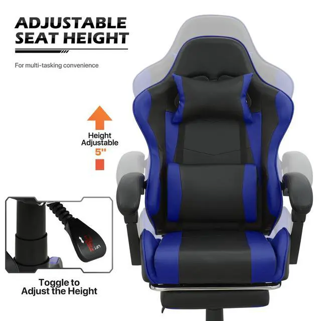 Alt view image 6 of 7 - Gaming Chair with Headrest & Lumbar Support Ergonomic Computer Racing Chair with Footrest, Adjustable Hight Leather Swivel Computer Chair for Adult Teen Office or Gaming, Blue