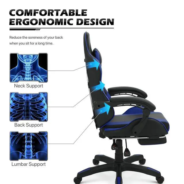 Alt view image 4 of 7 - Gaming Chair with Headrest & Lumbar Support Ergonomic Computer Racing Chair with Footrest, Adjustable Hight Leather Swivel Computer Chair for Adult Teen Office or Gaming, Blue