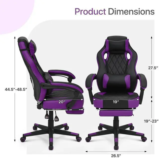 Alt view image 3 of 7 - Gaming Chair with Footrest, Ergonomic High Back and Lumbar Support, Adjustable Height & Recline Swivel PU Leather Game Chair for Office & Gaming, Teens & Adults (Purple)