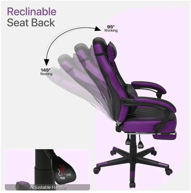 Alt view image 5 of 7 - Gaming Chair with Footrest, Ergonomic High Back and Lumbar Support, Adjustable Height & Recline Swivel PU Leather Game Chair for Office & Gaming, Teens & Adults (Purple)