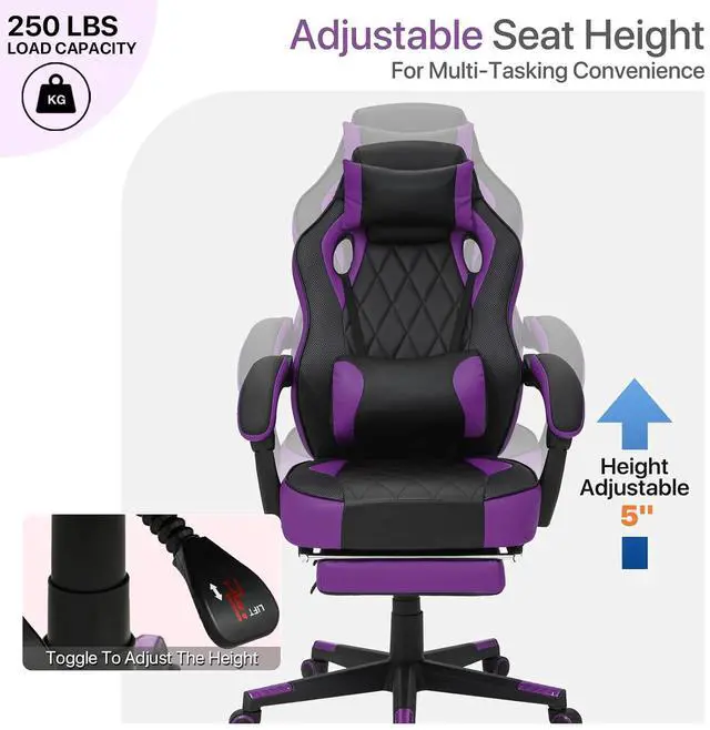 Alt view image 6 of 7 - Gaming Chair with Footrest, Ergonomic High Back and Lumbar Support, Adjustable Height & Recline Swivel PU Leather Game Chair for Office & Gaming, Teens & Adults (Purple)