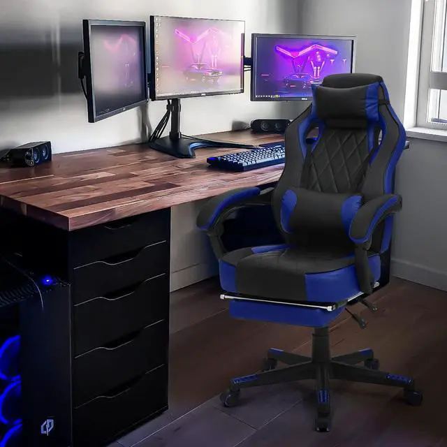 Alt view image 2 of 7 - Reclining Computer Chair with Footrest & Detachable Lumbar Support 360 Degree Swivel Racing Style PU Leather Computer Gaming Chair with Headrest for Home Bedroom Office, Blue