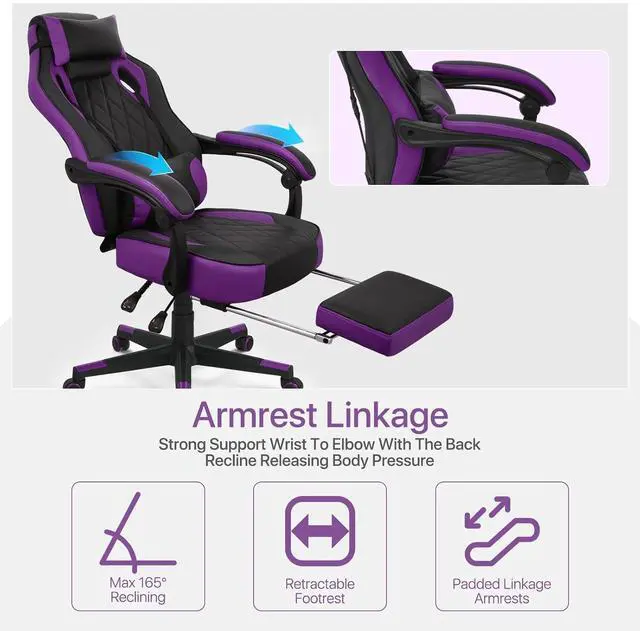 Alt view image 7 of 7 - Gaming Chair with Footrest, Ergonomic High Back and Lumbar Support, Adjustable Height & Recline Swivel PU Leather Game Chair for Office & Gaming, Teens & Adults (Purple)