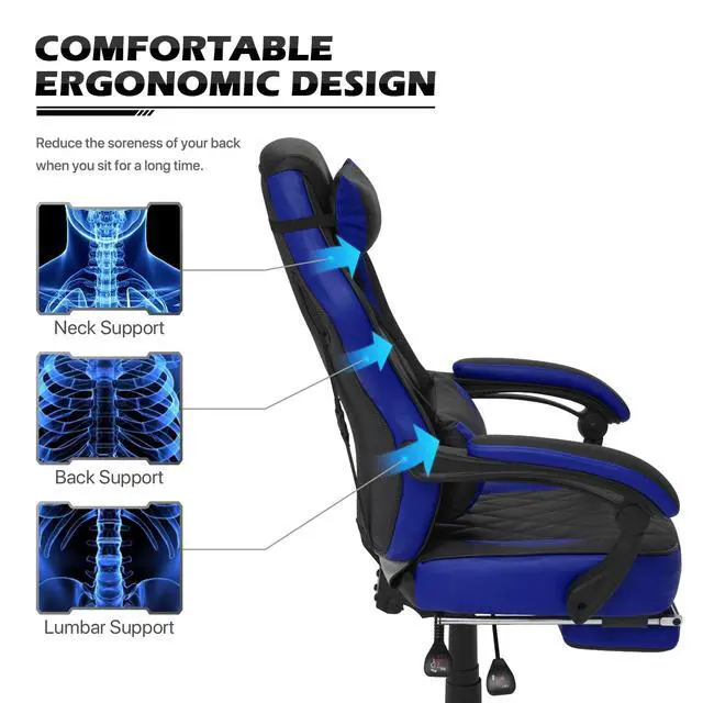 Alt view image 4 of 7 - Reclining Computer Chair with Footrest & Detachable Lumbar Support 360 Degree Swivel Racing Style PU Leather Computer Gaming Chair with Headrest for Home Bedroom Office, Blue