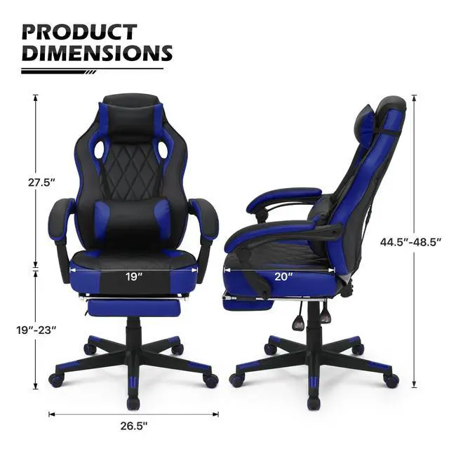 Alt view image 3 of 7 - Reclining Computer Chair with Footrest & Detachable Lumbar Support 360 Degree Swivel Racing Style PU Leather Computer Gaming Chair with Headrest for Home Bedroom Office, Blue