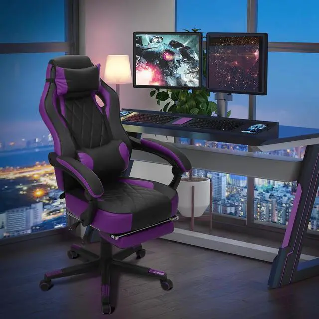 Alt view image 2 of 7 - Gaming Chair with Footrest, Ergonomic High Back and Lumbar Support, Adjustable Height & Recline Swivel PU Leather Game Chair for Office & Gaming, Teens & Adults (Purple)