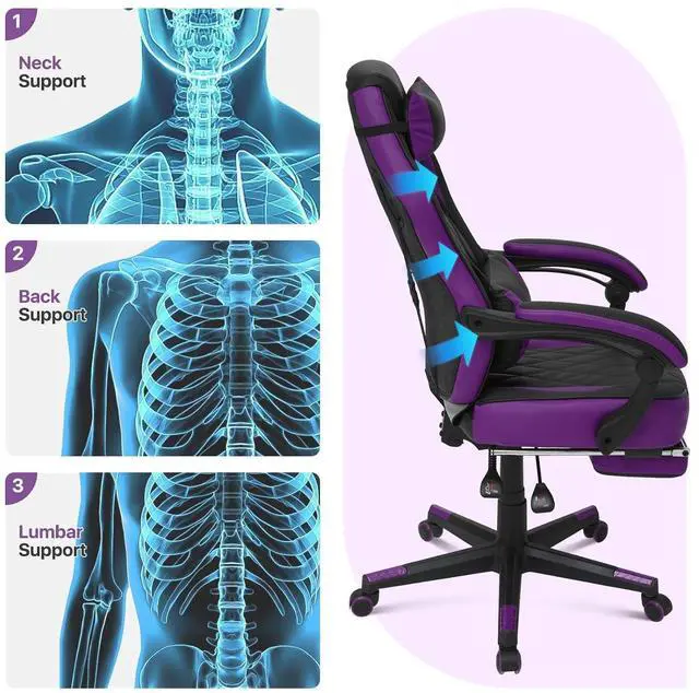 Alt view image 4 of 7 - Gaming Chair with Footrest, Ergonomic High Back and Lumbar Support, Adjustable Height & Recline Swivel PU Leather Game Chair for Office & Gaming, Teens & Adults (Purple)
