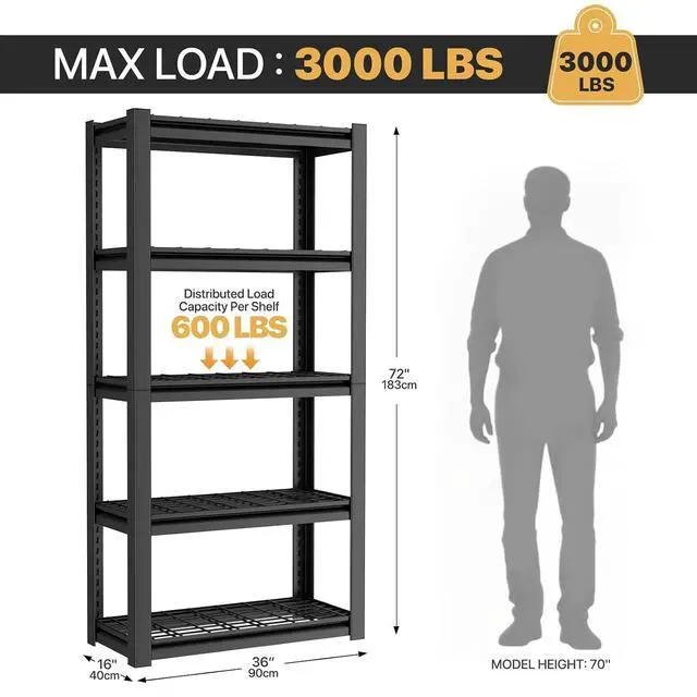 Alt view image 3 of 7 - 3000LBS Heavy Duty Storage Shelves, 5 Tier Adjustable Metal Shelving Unit, Industrial 72" H Utility Organization Rack for Pantry, Supermarket, Warehouse, Gym, Garage, Basement