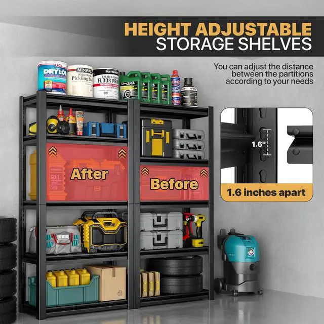 Alt view image 7 of 7 - 3000LBS Heavy Duty Storage Shelves, 5 Tier Adjustable Metal Shelving Unit, Industrial 72" H Utility Organization Rack for Pantry, Supermarket, Warehouse, Gym, Garage, Basement