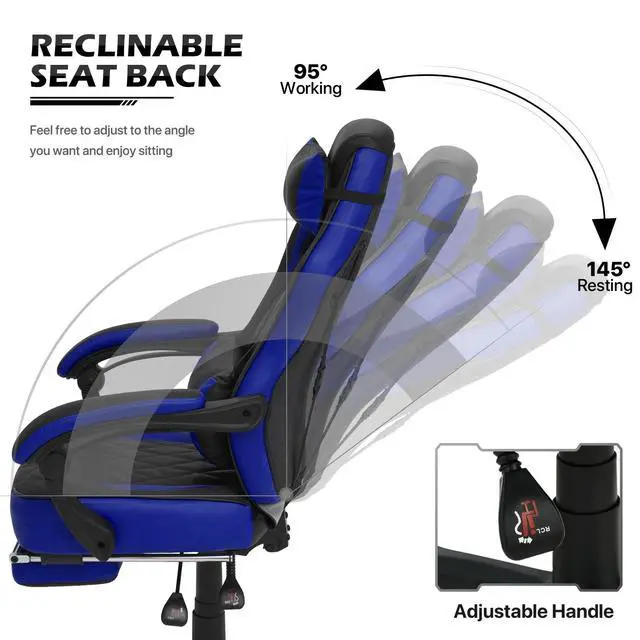 Alt view image 5 of 7 - Reclining Computer Chair with Footrest & Detachable Lumbar Support 360 Degree Swivel Racing Style PU Leather Computer Gaming Chair with Headrest for Home Bedroom Office, Blue