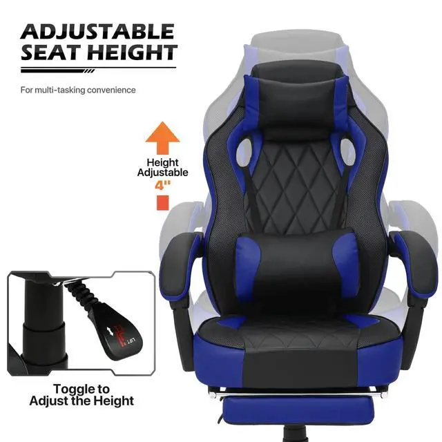 Alt view image 6 of 7 - Reclining Computer Chair with Footrest & Detachable Lumbar Support 360 Degree Swivel Racing Style PU Leather Computer Gaming Chair with Headrest for Home Bedroom Office, Blue