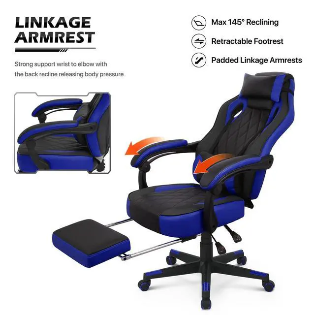 Alt view image 7 of 7 - Reclining Computer Chair with Footrest & Detachable Lumbar Support 360 Degree Swivel Racing Style PU Leather Computer Gaming Chair with Headrest for Home Bedroom Office, Blue