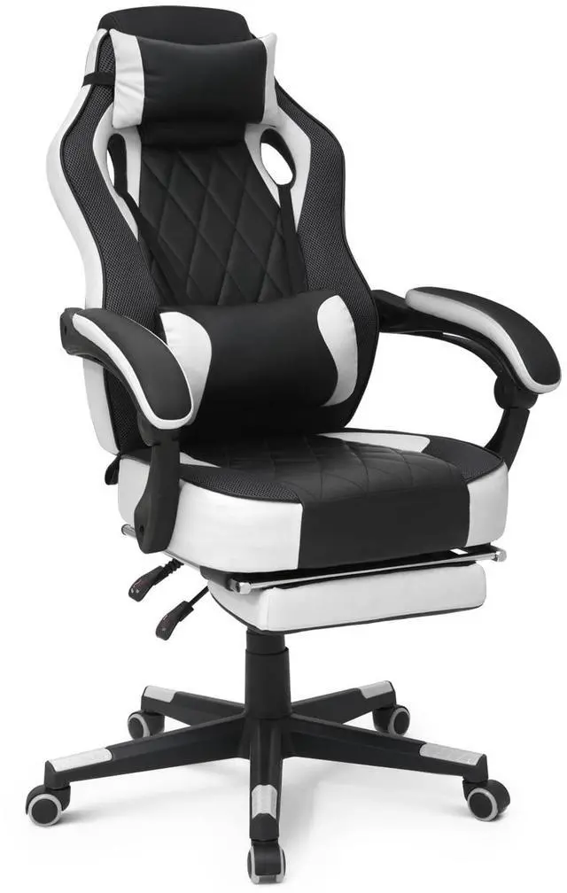 Main image of Reclining Computer Chair with Footrest & Detachable Lumbar Support 360 Degree Swivel Racing Style PU Leather Computer Gaming Chair with Headrest for Home Bedroom Office, White